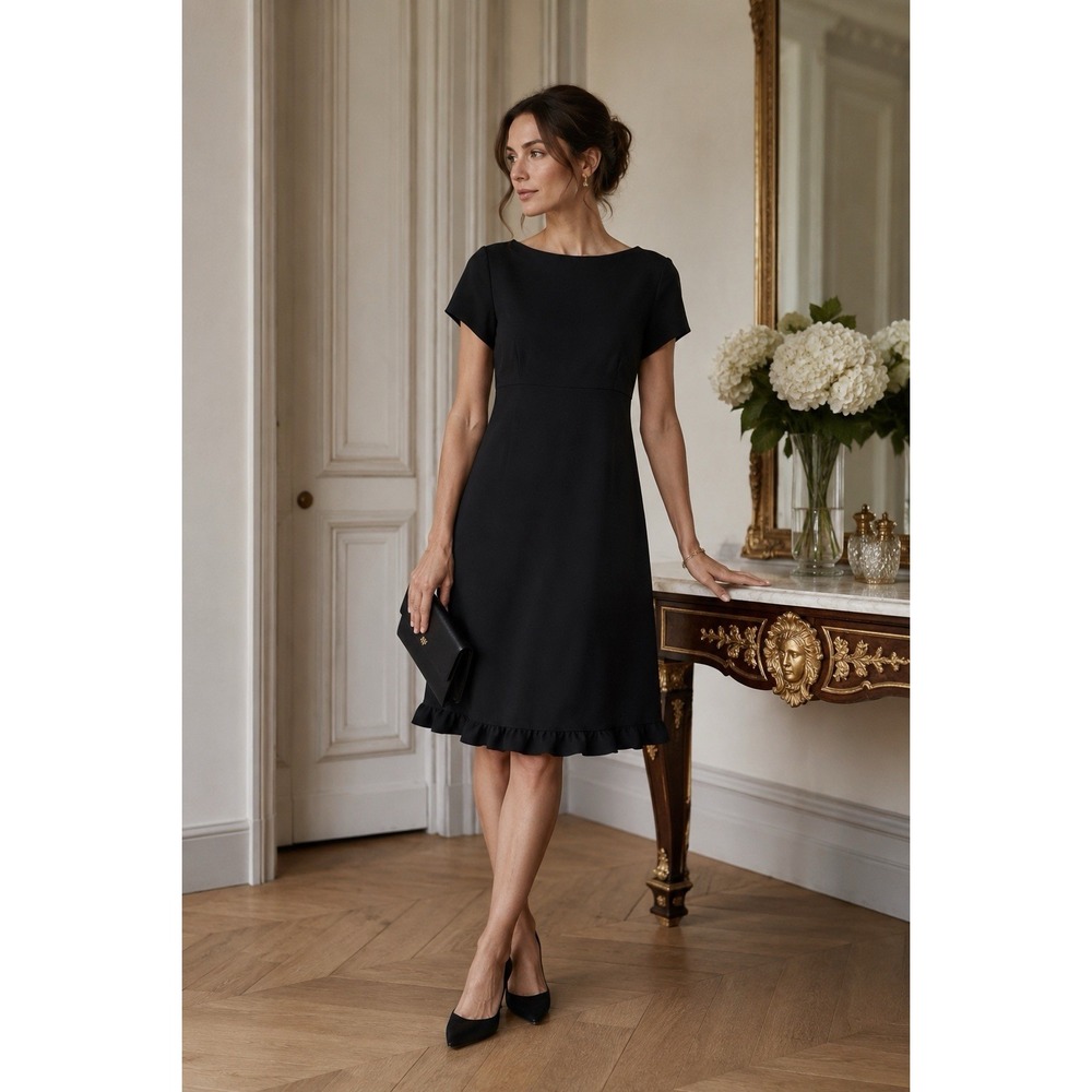 Quiet Luxury Black Shift Dress 8 Ruffle Hem Boat Neck Minimalist Office Cocktail